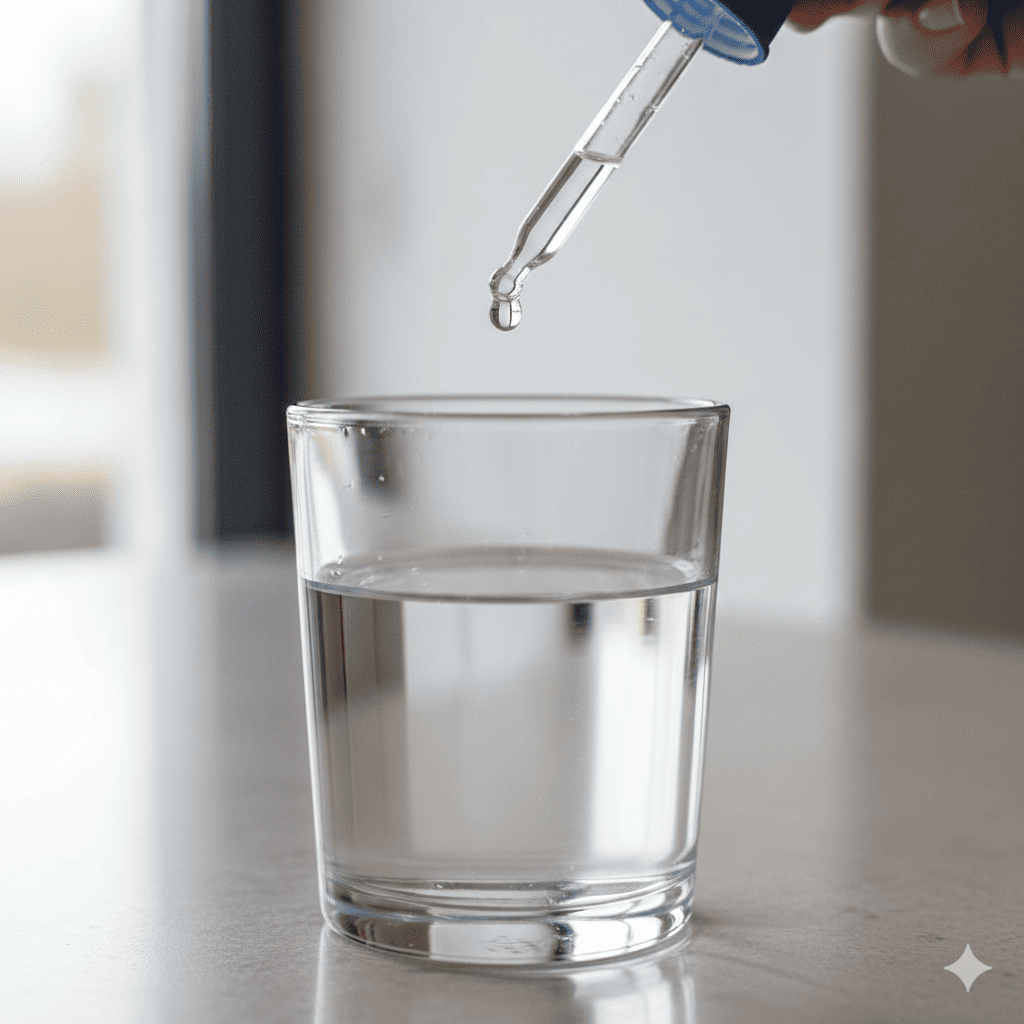 Glass of water with supplement dropper for daily intake