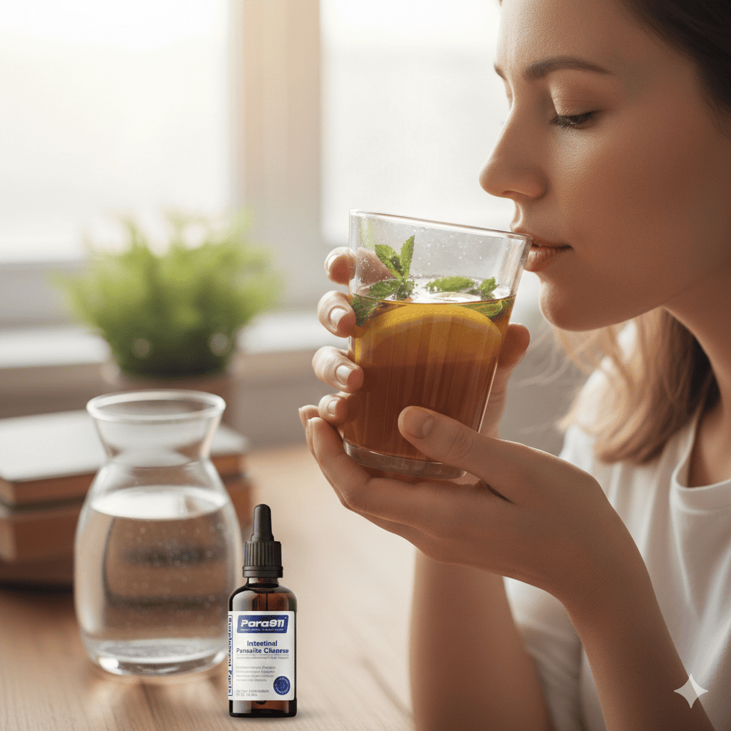 A woman incorporating Para911 supplement into her daily routine, drinking water next to a Para911 bottle and a water pitcher on a wooden table.