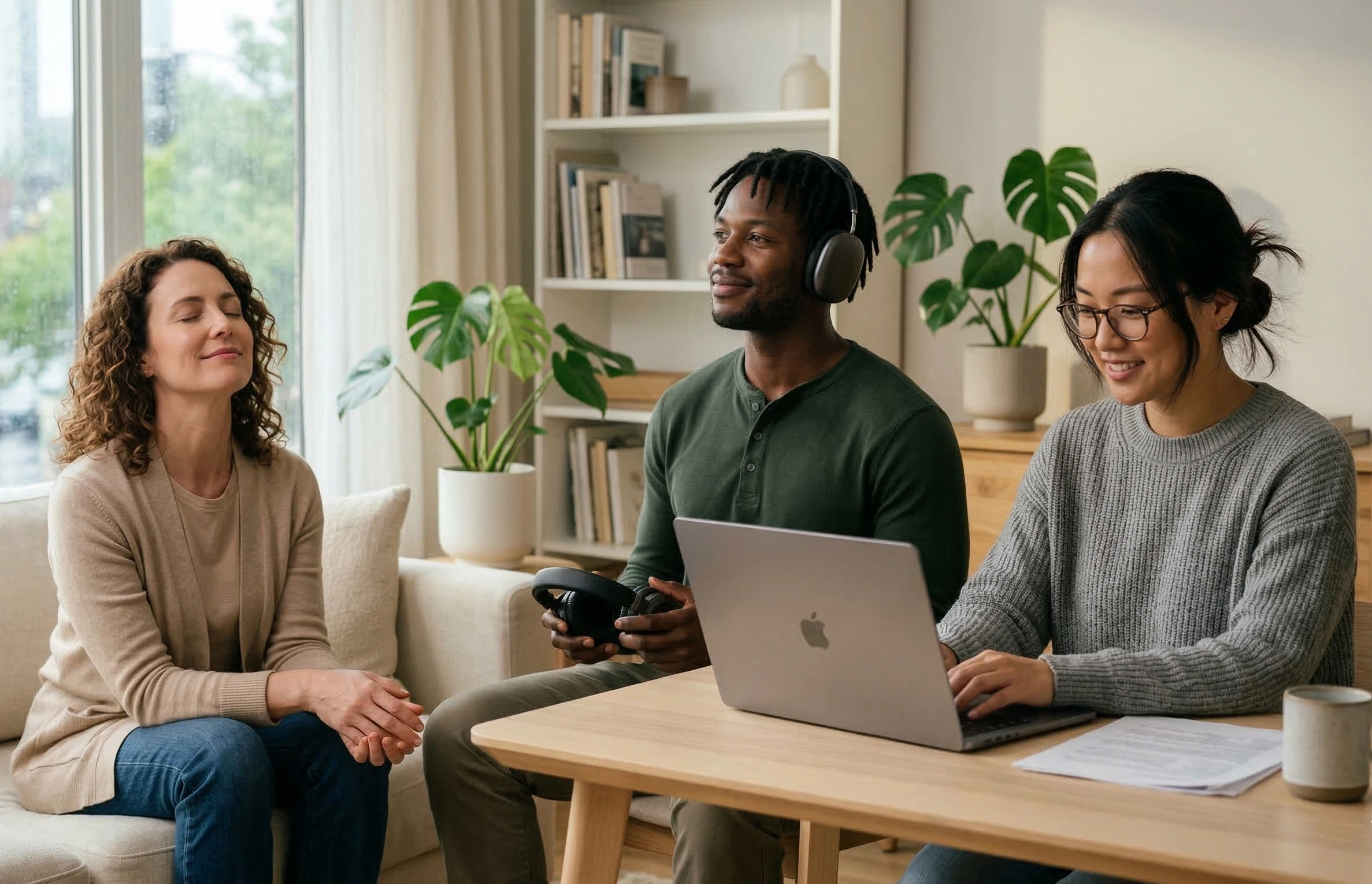 Happy people feeling relaxed and mentally clear after using The Brain Song